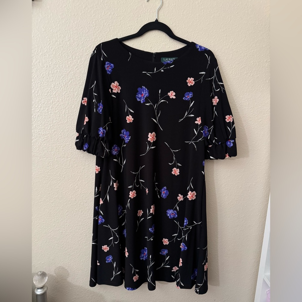 Lauren Ralph Lauren Floral Black Dress with Blue and Pink Accents